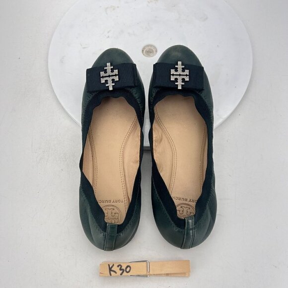 Tory Burch Women Size 7M Green Leather Bow Slip On Elastic Ballet Flat Shoes - Picture 12 of 14
